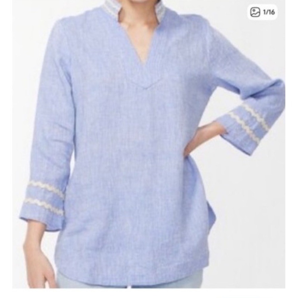 Chico's 100% Linen Tunic Top 1.5 10/12 M Sky Blue Rick Rack Gold Trim 3/4 Sleeve